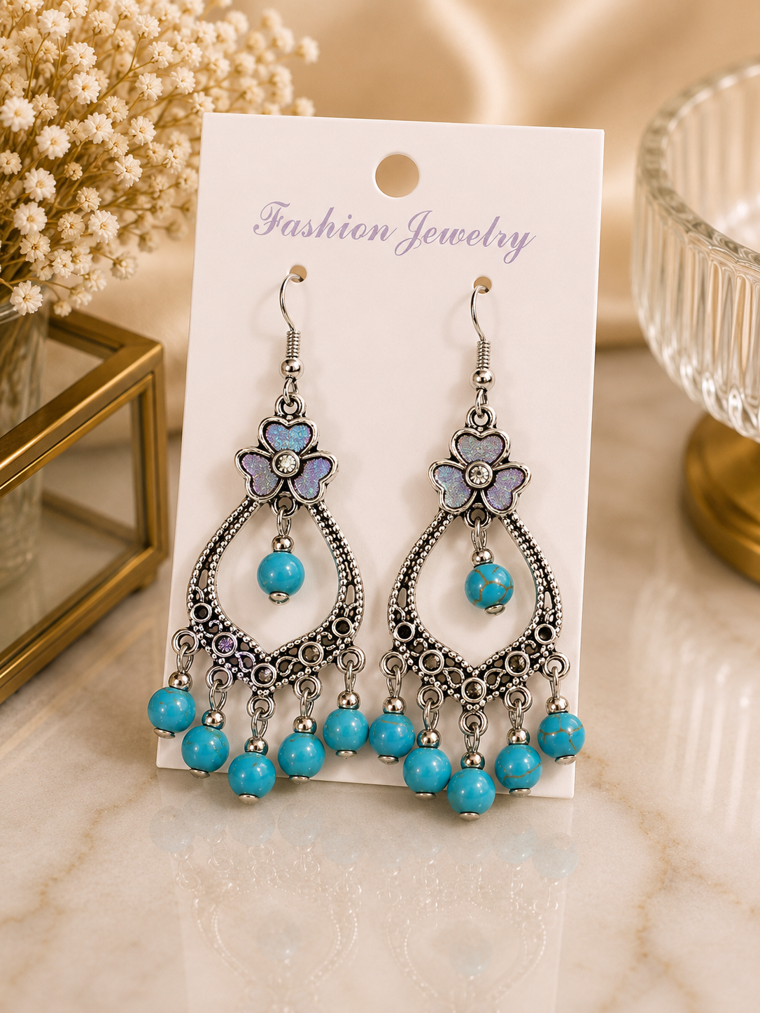 Aretes de fantasía bohemios con flor y turquesa