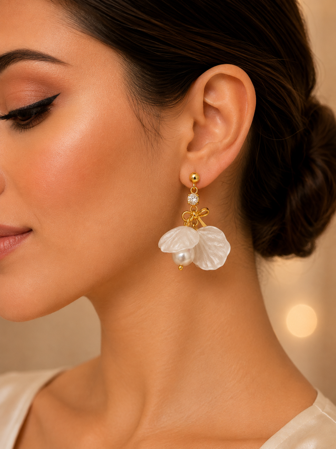Aretes de fantasía con pétalos, perla y cristal