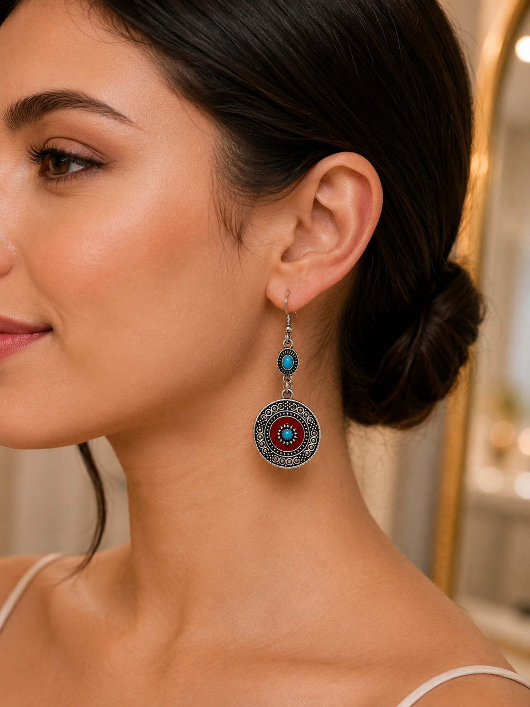 Aretes de fantasía bohemios con detalles turquesa y rojo