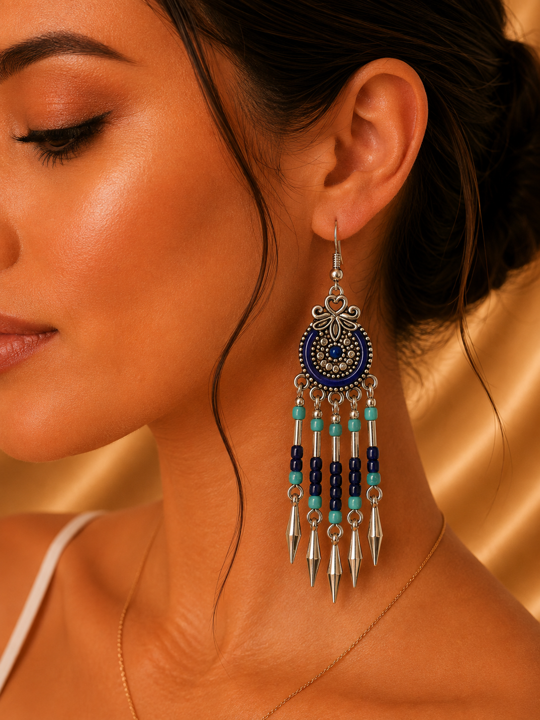 Aretes largos de fantasía bohemios en azul y turquesa