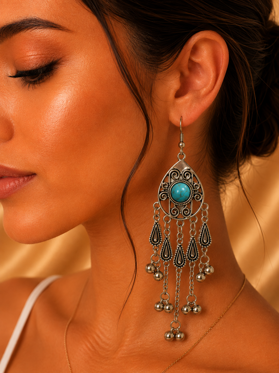 Aretes de fantasía bohemios con turquesa y colgantes