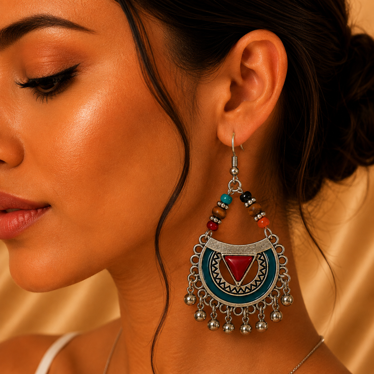 Aretes de fantasía étnicos con detalles multicolor