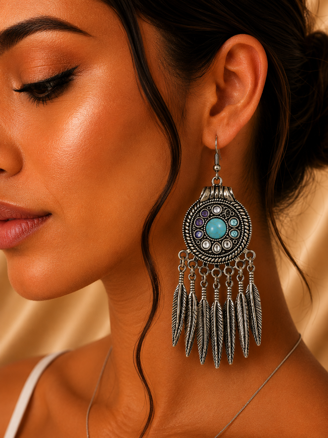 Aretes de fantasía bohemios con turquesa y plumas