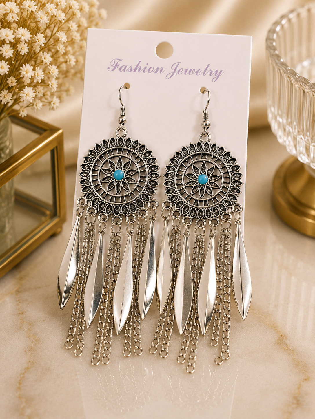 Aretes de fantasía bohemios con mandala, turquesa y cadenas
