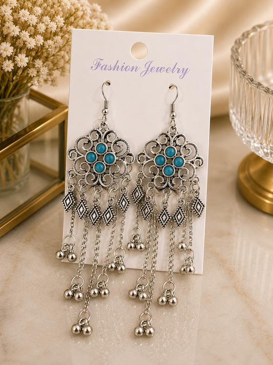 Aretes largos de fantasía bohemios con turquesa