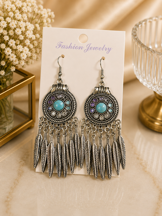 Aretes de fantasía bohemios con turquesa y plumas