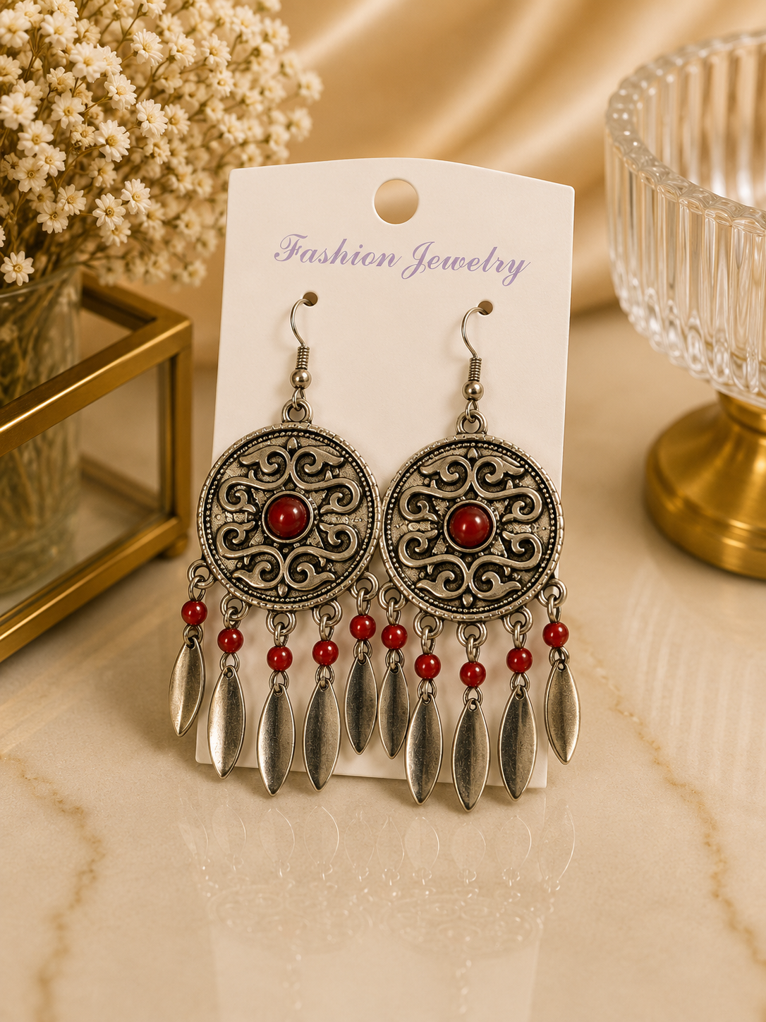 Aretes de fantasía étnicos con piedra roja
