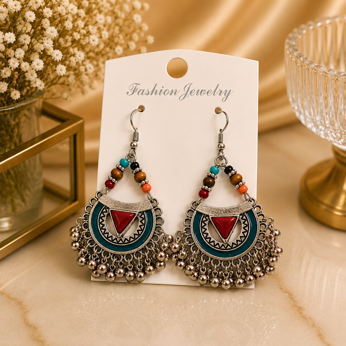 Aretes de fantasía étnicos con detalles multicolor