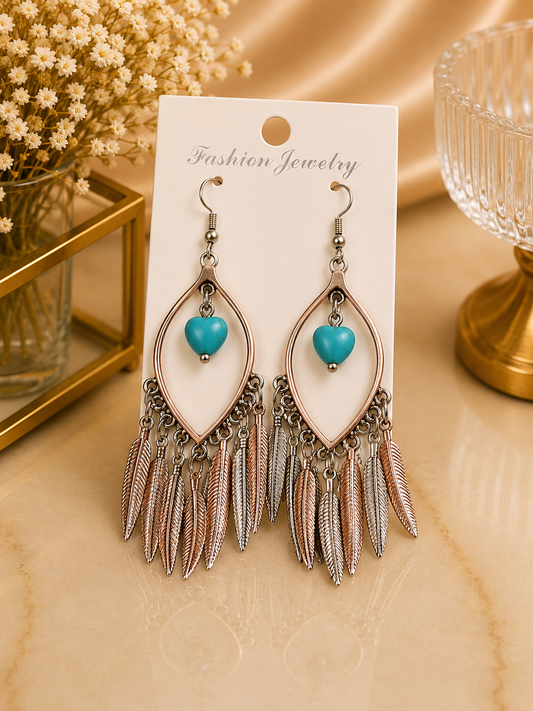 Aretes de fantasía bohemios con turquesa y plumas