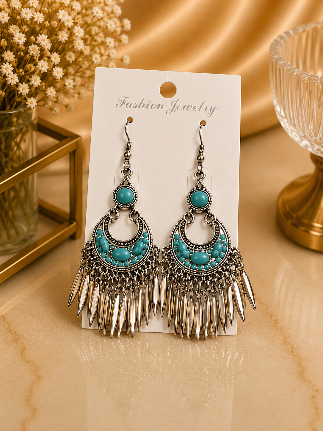 Aretes de fantasía bohemios con turquesa y flecos metálicos