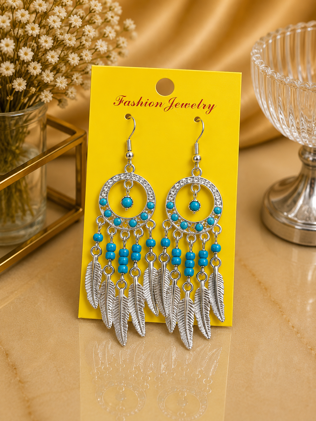 Aretes de fantasía estilo atrapasueños con turquesa