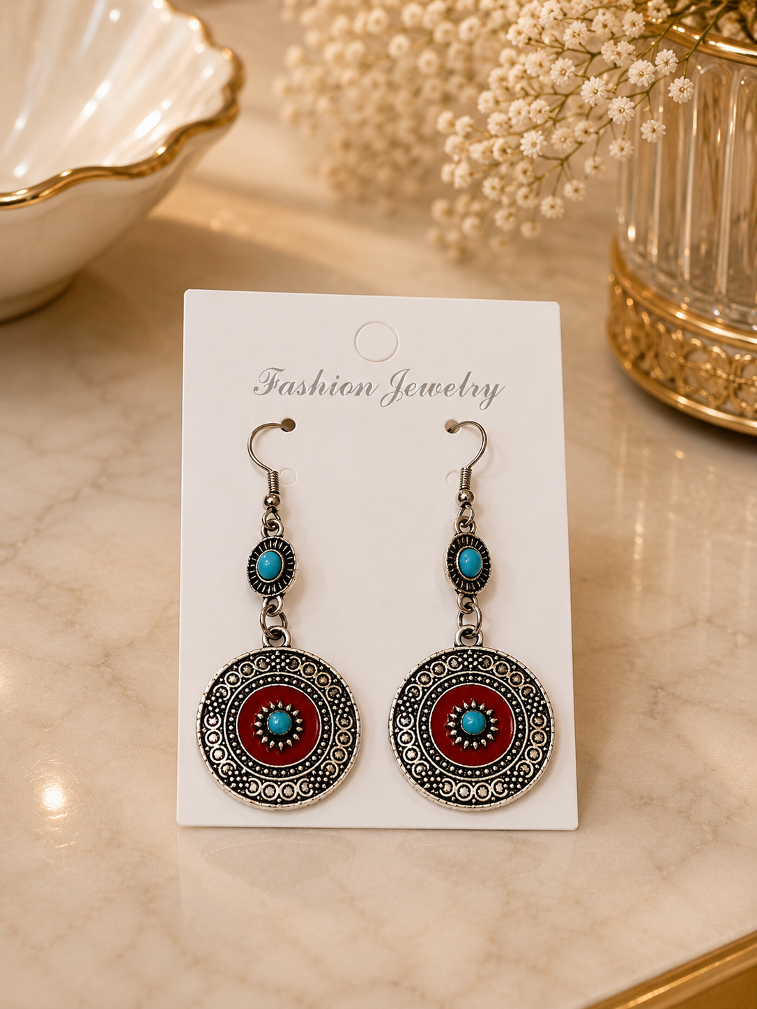 Aretes de fantasía bohemios con detalles turquesa y rojo