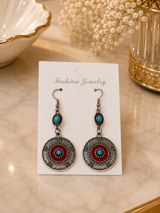 Aretes de fantasía bohemios con detalles turquesa y rojo