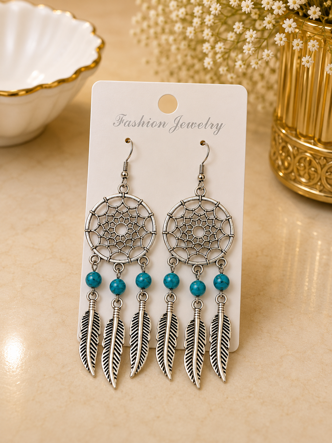 Aretes de fantasía atrapasueños con turquesa