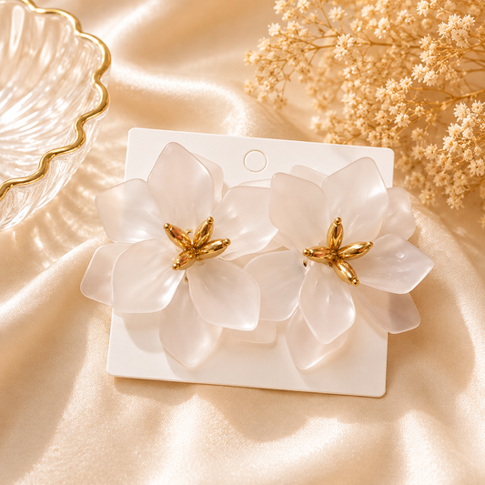 Aretes de fantasía flor translúcida con centro dorado