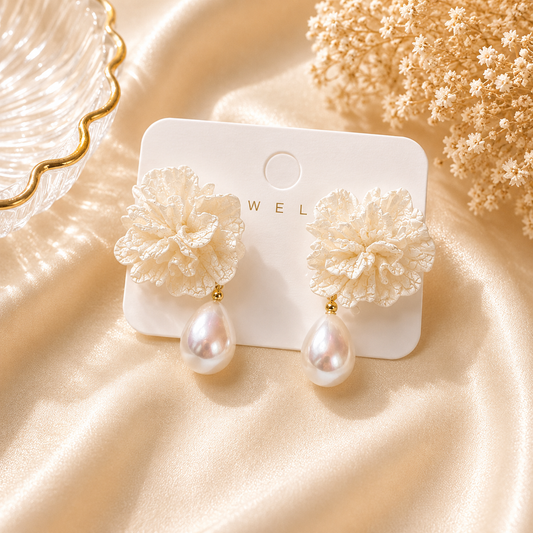 Aretes de fantasía flor marfil con perla