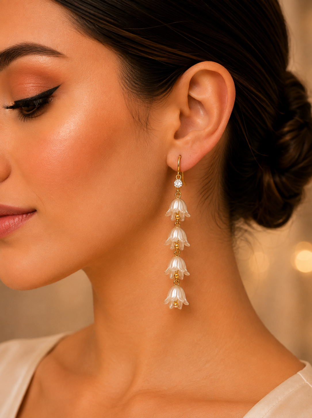 Aretes largos de fantasía con flores aperladas