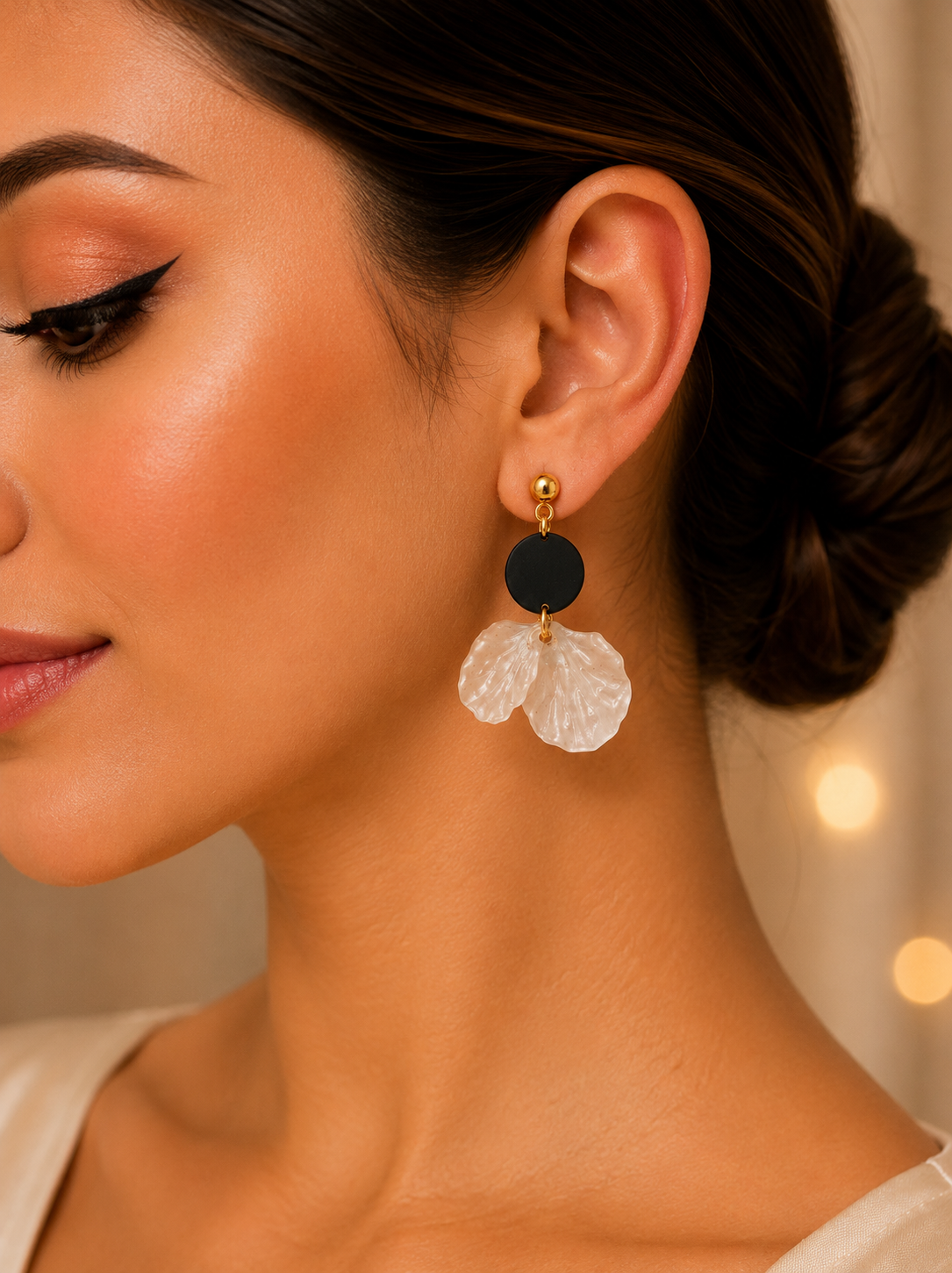 Aretes de fantasía con pétalos nacarados y detalle negro