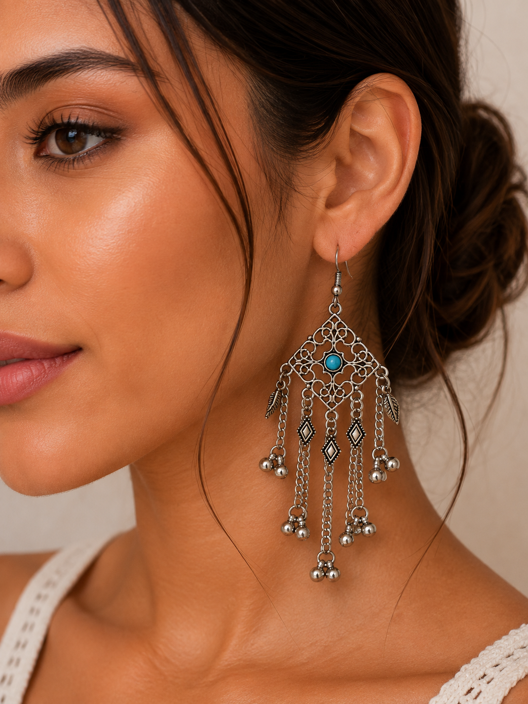 Aretes de fantasía bohemios con turquesa y cadenas