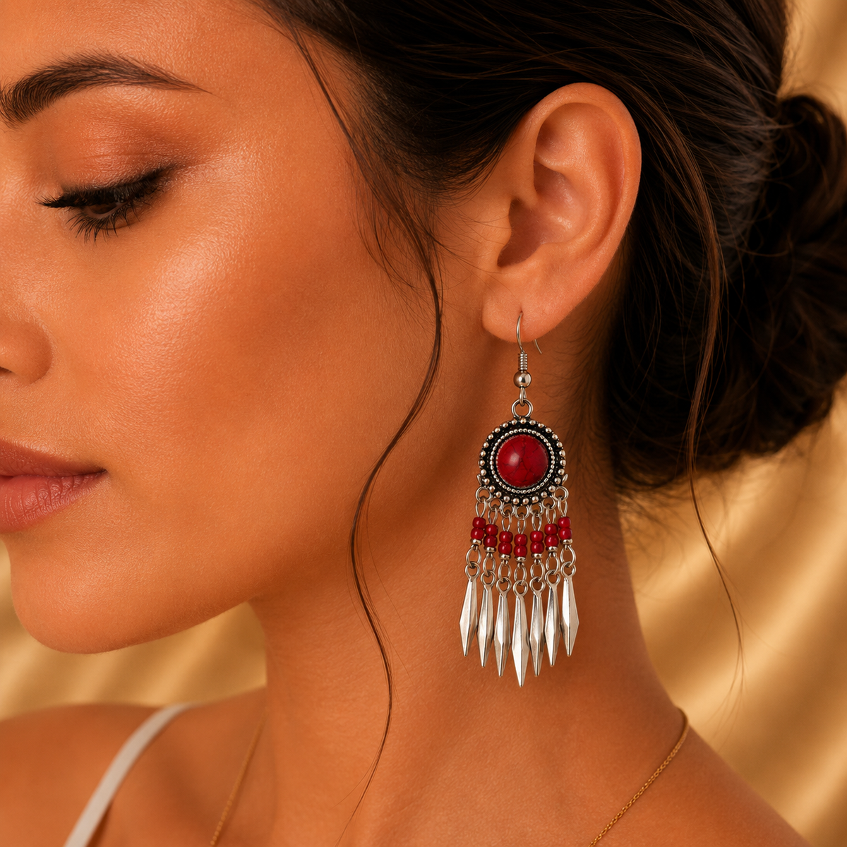 Aretes de fantasía bohemios con piedra roja