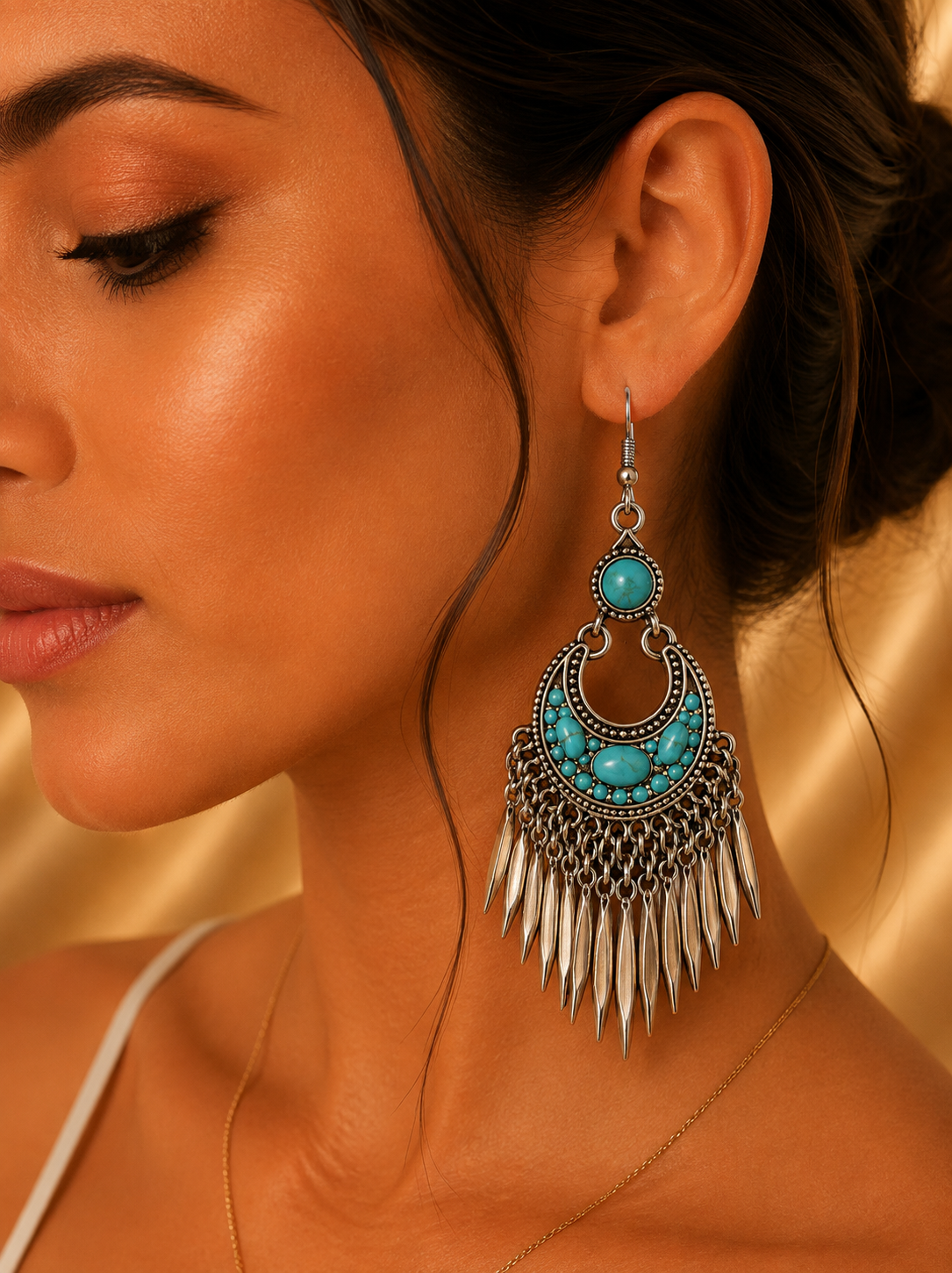 Aretes de fantasía bohemios con turquesa y flecos metálicos