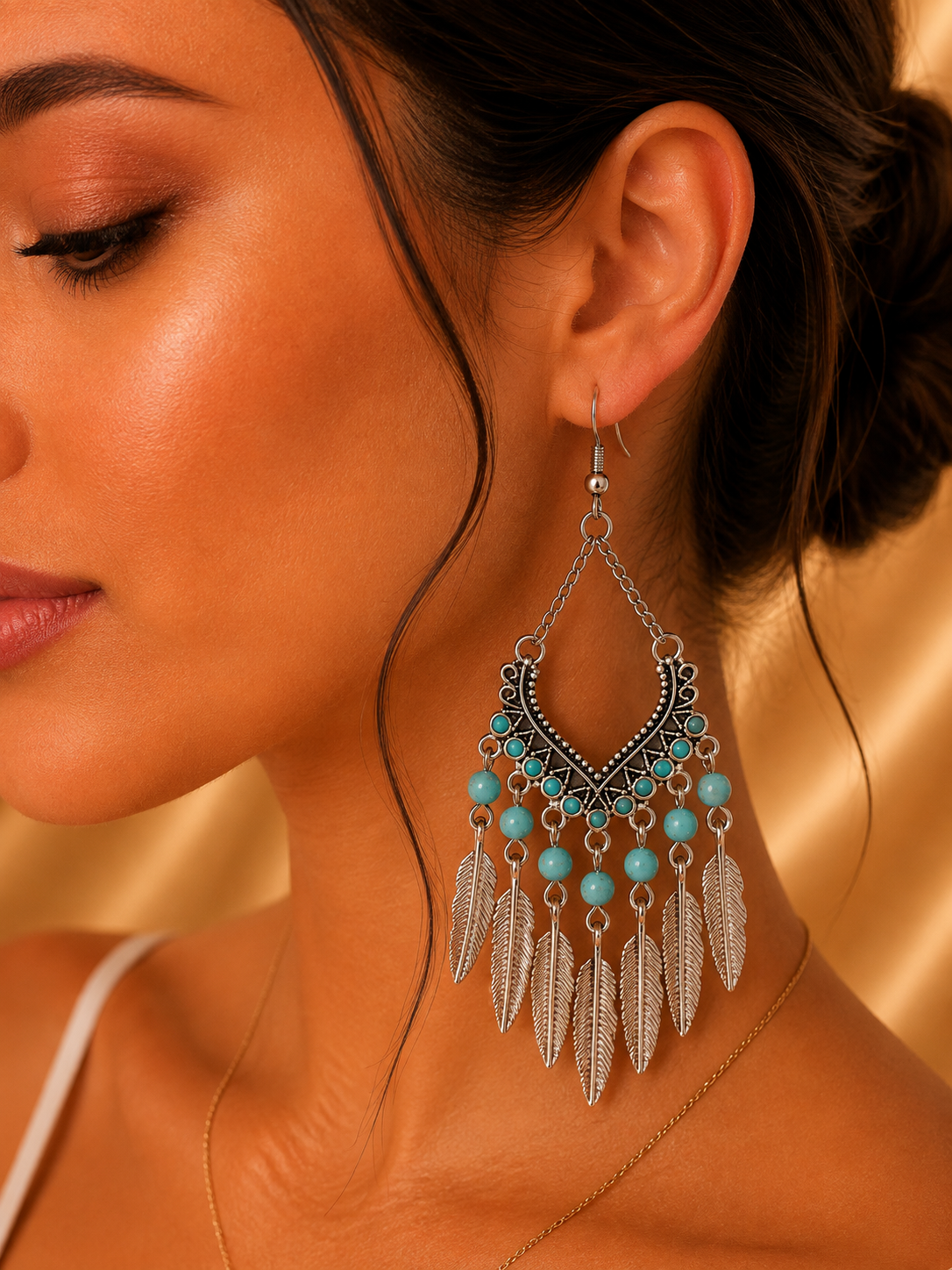 Aretes de fantasía bohemios con turquesa y plumas