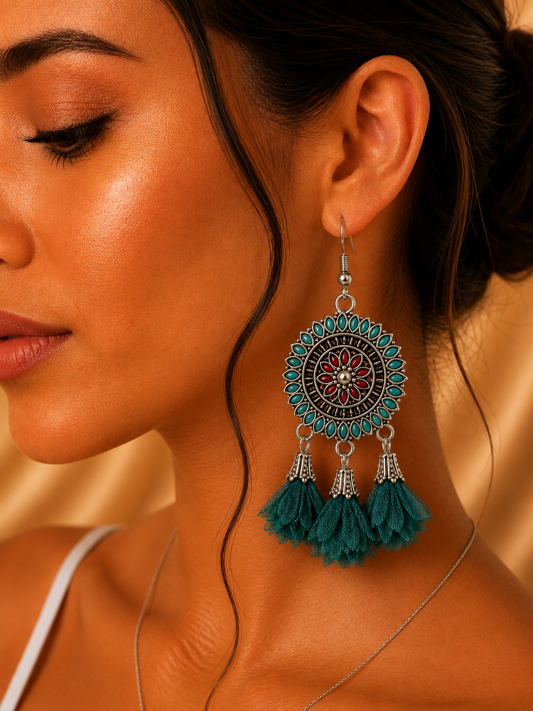 Aretes de fantasía bohemios con mandala y flores turquesa