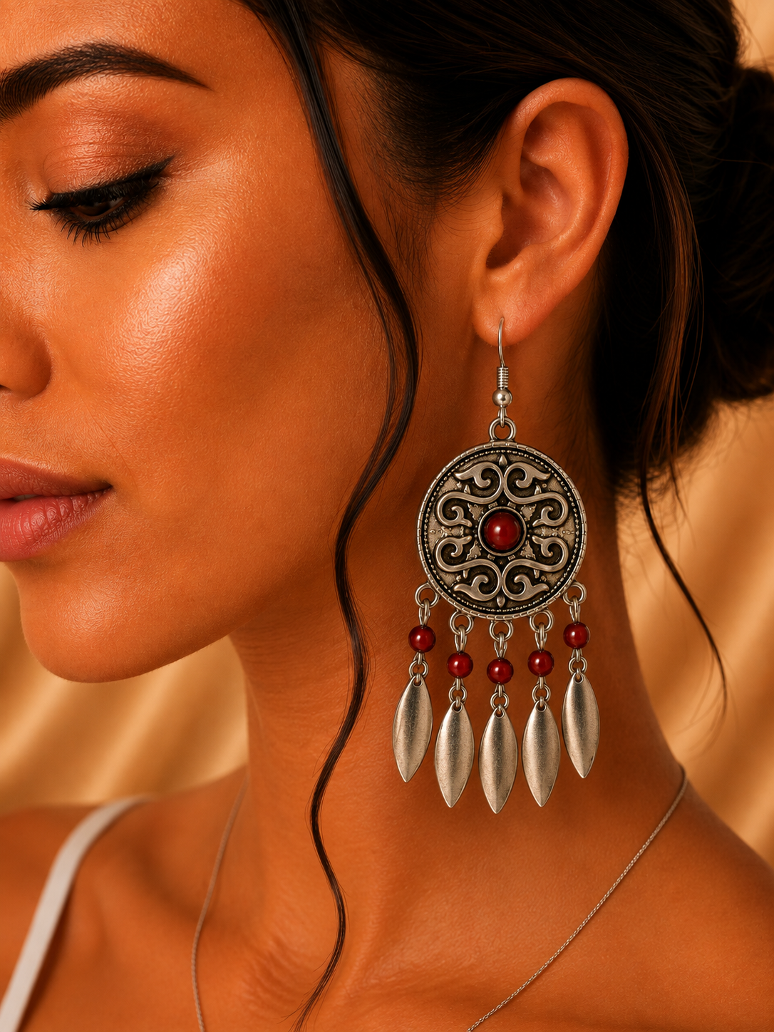 Aretes de fantasía étnicos con piedra roja