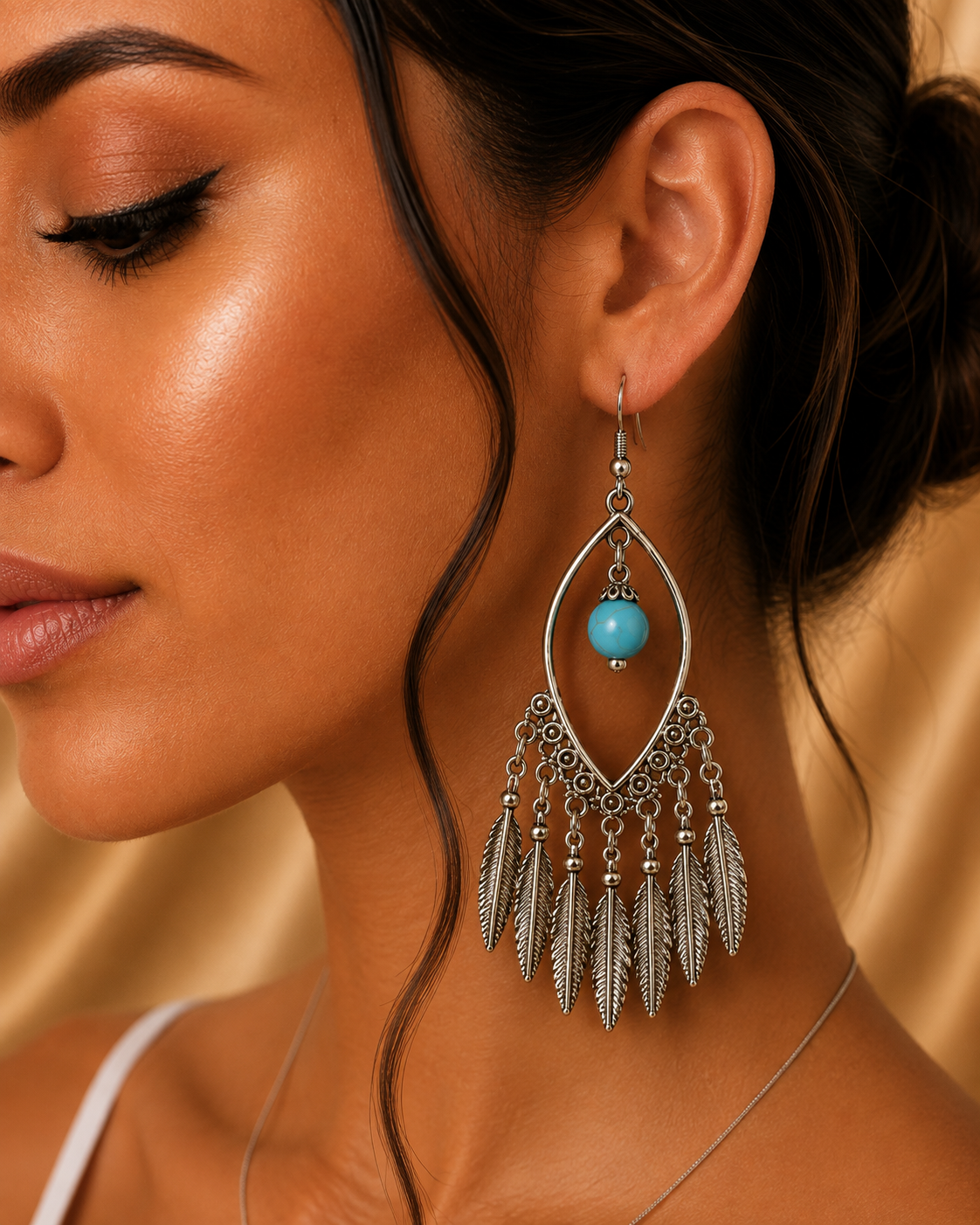 Aretes de fantasía bohemios con turquesa y plumas