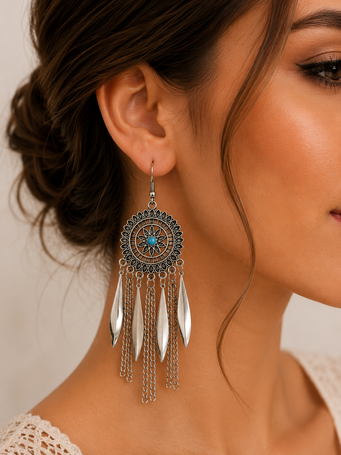 Aretes de fantasía bohemios con mandala, turquesa y cadenas